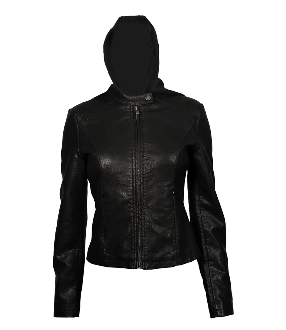 TOP GUN® WOMEN'S VEGAN LEATHER HOODED RACER JACKET