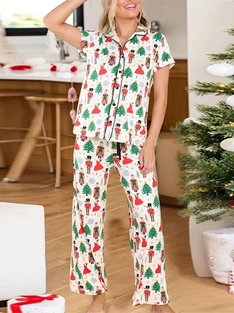 Trendy Christmas Pajama Set with Nutcracker Print