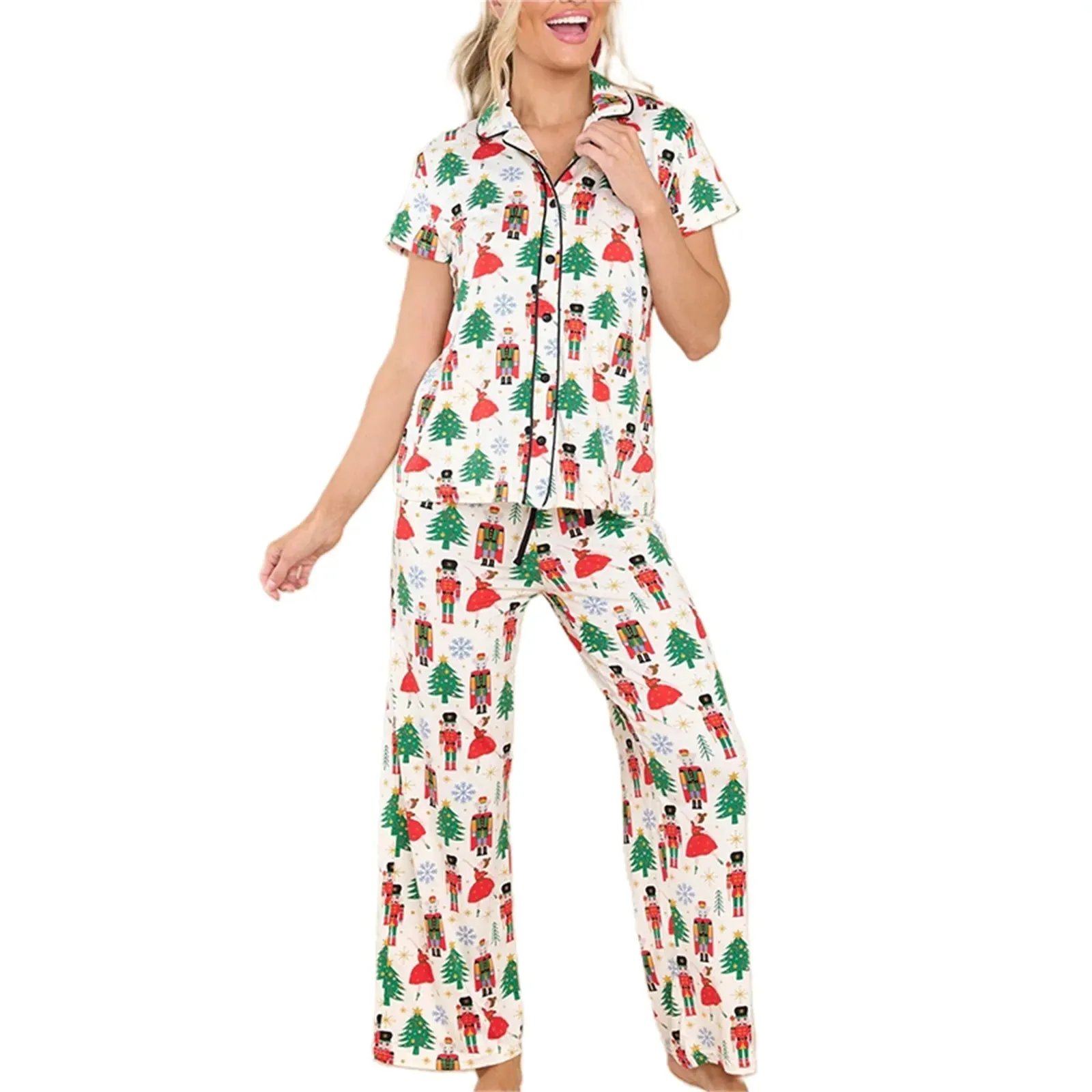 Trendy Christmas Pajama Set with Nutcracker Print