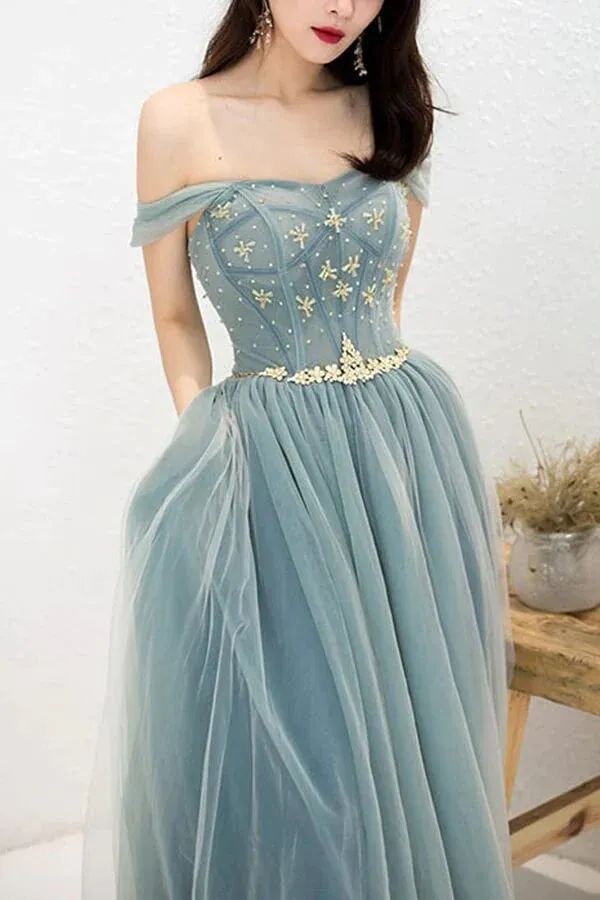 Tulle A-Line Off-the-Shoulder Beaded Prom Dresses, Long Formal Dresses